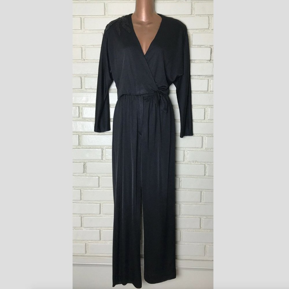 Vintage Caron Black Jumpsuit Fixed Wrap Plunge 4